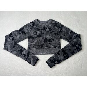 Gymshark Womens Activewear Sporty Camo‎ Seamless Long Sleeve Black Crop Top Sz S